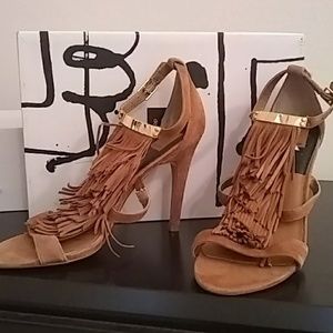 Ladies suede fringe camel colored sandals